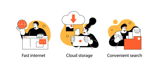 Digital Marketing illustrations. Collection of scenes with men and women taking part in business activities. Trendy vector style