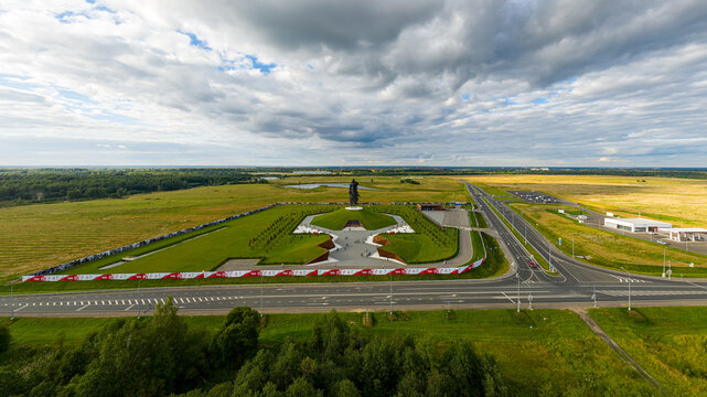 Rzhev, Russia - August 19, 2020: Rzhev Memorial to the Soviet Soldier, dedicated to the memory of Soviet soldiers who died in battles near Rzhev in 1942-1943, Aerial View