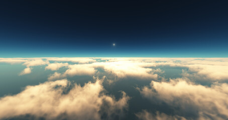 Naklejka na ściany i meble fly above clouds sunset landscape 3d render