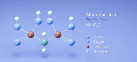 medronic acid molecule, molecular structures, Bisphosphonate, 3d model, Structural Chemical Formula and Atoms with Color Coding