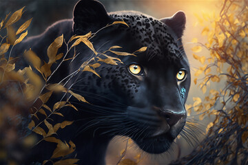 Black jaguar puma in wild nature close up. Generative AI
