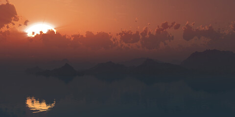 Fototapeta na wymiar above islands in sea sunset, illustration