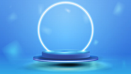 Realistic 3d cylinder pedestal podium with pastel blue background. Abstract geometric platform. Product display presentation. Minimal scene.