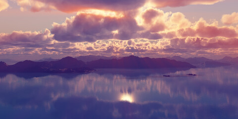 Fototapeta na wymiar above islands in sea sunset, illustration