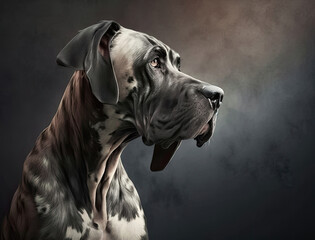 A black and white purebred Harlequin Great Dane dog outdoors Generative AI - obrazy, fototapety, plakaty