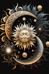 Gold silver moon and sun over dark background. Generative AI vertical illustration