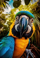 Close up shot of colorful macaw looking curiously at camera. Generative AI vertical illustration