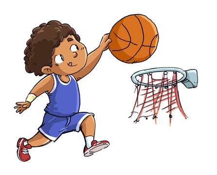 Ilustración de un niño afroamericano encestando una pelota de baloncesto en la canasta