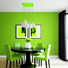 Modern dining room interior design with lime green wall