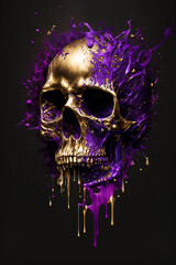 Gold skull with purple liquid paint splash