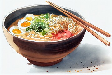 A watercolor painting of a bowl of ramen noodles, watercolour style generative AI