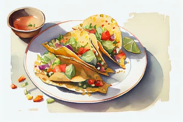 Poster A watercolor painting of a plate of tacos, watercolour style generative AI © Катерина Євтехова