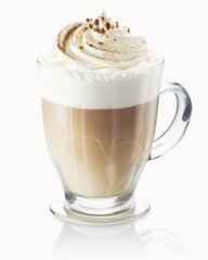 This image features a refreshing Cappuccino drink served in a glass on a pure white background. Generative AI
