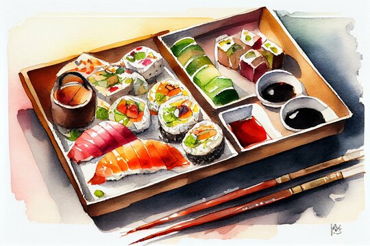 A watercolor painting of a sushi platter, watercolour style generative AI