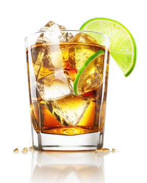 This image features a refreshing Cuba Libre cocktail drink served in a glass on a pure white background. Generative AI