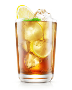 This image features a refreshing Long Island Iced Tea cocktail drink served in a glass on a pure white background. Generative AI