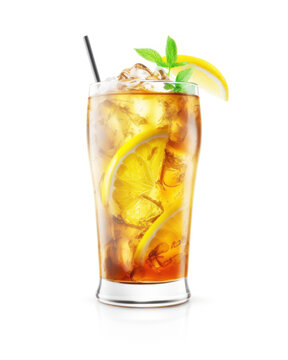 This image features a refreshing Long Island Iced Tea cocktail drink served in a glass on a pure white background. Generative AI