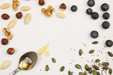 Healthy natural ingredients on white background table