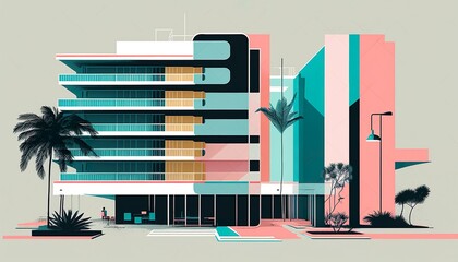 Obraz premium Miami building modern art deco vector paper cut business illustration design wallpaper background created with generative AI technology