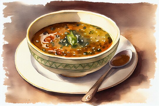 A watercolor painting of a bowl of lentil soup, watercolour style generative AI