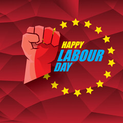 1 may Happy labour day vector label with strong protest fist in the air on vintage red background. vector happy labor day background or banner with man hand. workers may day poster