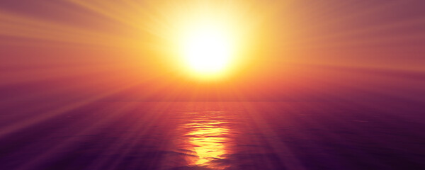 sunset sea sun ray clear sky. 3d rendering