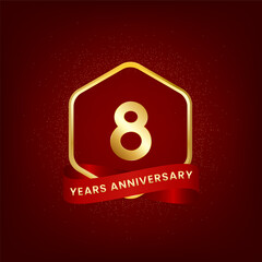 8 years anniversary. Anniversary template design with gold number and red ribbon, design for event, invitation card, greeting card, banner, poster, flyer, book cover and print. Vector Eps10