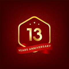 13 years anniversary. Anniversary template design with gold number and red ribbon, design for event, invitation card, greeting card, banner, poster, flyer, book cover and print. Vector Eps10