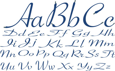 Blue Sport alphabet formed by shoe lace. Vector handwritten script font can be used for workout labels, race headlines, fitness posters, delivery cards. Alphabet fonts set. - obrazy, fototapety, plakaty