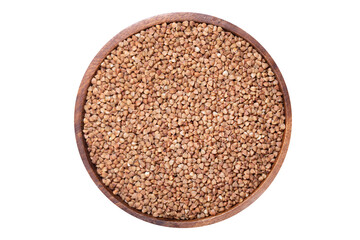 bowl of buckwheat grain isolated on transparent background, top view