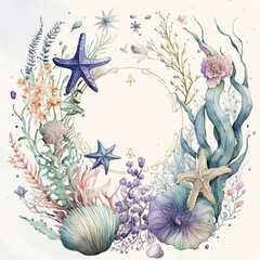 watercolor marine motifs. hand-drawn circle illustration