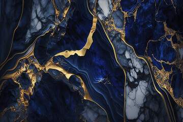 Abstract marble dark blue and gold background. Invitation backdrop. Ai generated
