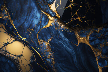 Obraz na płótnie Canvas Dark blue and gold marble background. Luxury marble stone texture. Invitation backdrop. Ai generated
