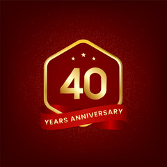 40 years anniversary. Anniversary template design with gold number and red ribbon, design for event, invitation card, greeting card, banner, poster, flyer, book cover and print. Vector Eps10