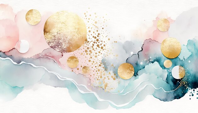 Watercolor overlays in pastel colors and gold foil background, generative AI
