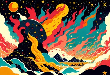 Colorful and psychedelic landscape illustration