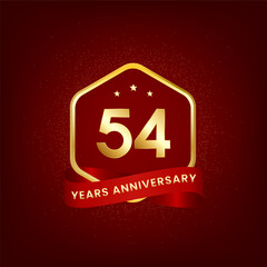 54 years anniversary. Anniversary template design with gold number and red ribbon, design for event, invitation card, greeting card, banner, poster, flyer, book cover and print. Vector Eps10