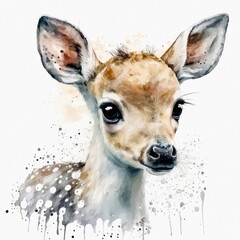 Watercolor illustration of a cute young reindeer. Abstract portrait of a little brown deer in aquarelle style with paint splatters. Generative AI art.