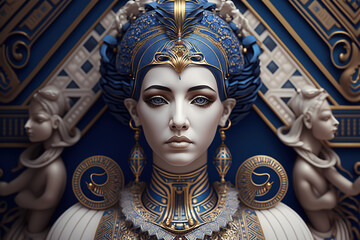 Mythological god Isis made mof azulejos white and blue, created with Generative AI - obrazy, fototapety, plakaty