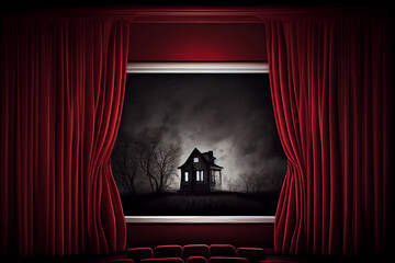 Home Theater stage curtains show spotlight. Watching movies. Cinema online. Red sofa or armchair. Cinema at home. 3D style llustration. Generative Ai.