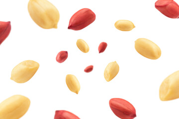 Falling peanut isolated on white background, selective focus