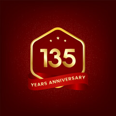 135 years anniversary. Anniversary template design with gold number and red ribbon, design for event, invitation card, greeting card, banner, poster, flyer, book cover and print. Vector Eps10
