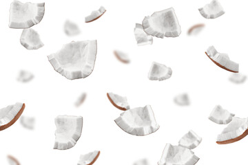 Falling coconut, isolated on white background, full depth of field, selective focus