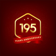 195 years anniversary. Anniversary template design with gold number and red ribbon, design for event, invitation card, greeting card, banner, poster, flyer, book cover and print. Vector Eps10