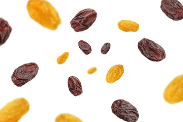 Falling Raisin isolated on white background, selective focus