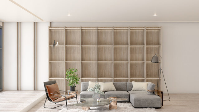 Interior design the apartment living room is modern style, minimal, luxury, and modern, built-in wooden cabinets with interior props, sofa set, carpet, poster frames. 3D rendering, 3D illustration.