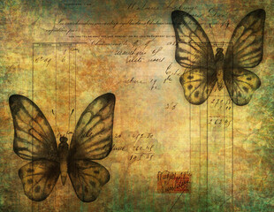 Fototapeta na wymiar Butterfly on a grunge script background