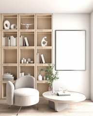 Fototapeta na wymiar Interior design the apartment living room is modern style, minimal, luxury, and modern, built-in wooden cabinets with interior props, sofa set, carpet, poster frames. 3D rendering, 3D illustration.
