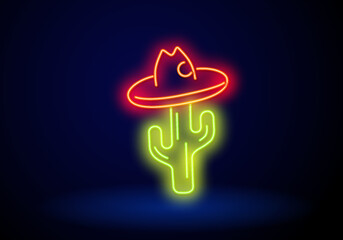 A neon glowing light in the shape of a cactus plant wearing a hat. Vector illustration.