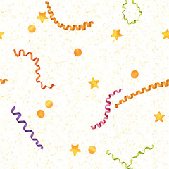 Seamless pattern illustration of colorful ribbons and confetti. Celebration concept background.
